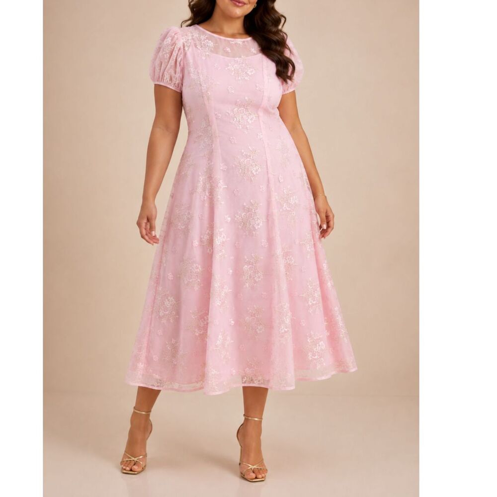 Lulus Elfrieda XXL Blush Pink Floral Embroidered Puff Sleeve Romantic Midi Dress